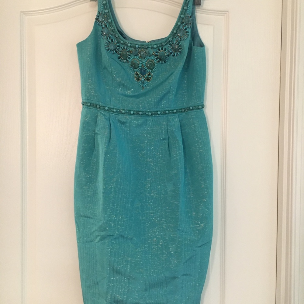 Carmen Marc Valvo Turquoise Beaded Dress